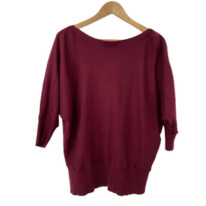 DYNAMITE RICH BURGUNDY BOATNECK BATWING RIB KNIT SWEATER, LARGE